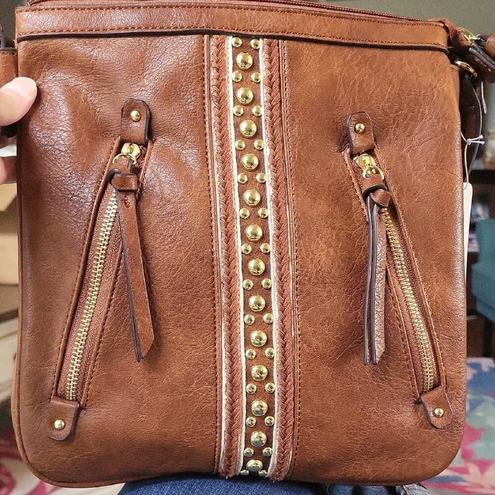 Charming Charlie Brown and Gold Crossbody Bag with Chain Detail NWT